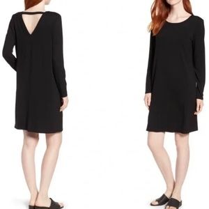Eileen Fisher V Back Cutout Dress Medium Black Stretch Long Sleeve Minimalist